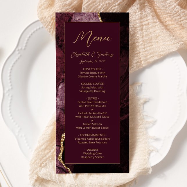 Menú Boda moderna de burgundy y ágata dorada (Subido por el creador)