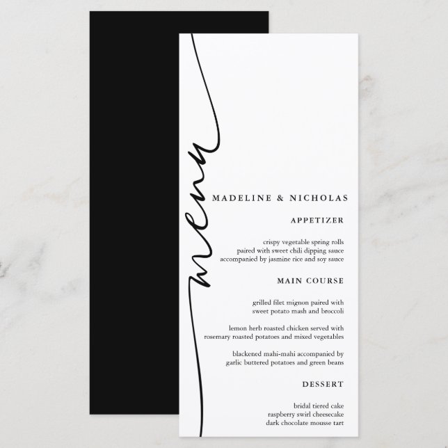 Menú Boda Moderna de Caligrafía Simple en Blanco y Negr (Anverso / Reverso)