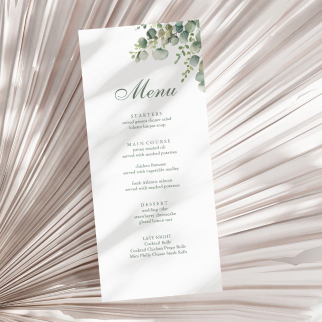 Menú Boda moderna de eucalipto con vegetación (Modern Greenery Eucalyptus Wedding Menu on a sunny neutral dry palm leaf.)