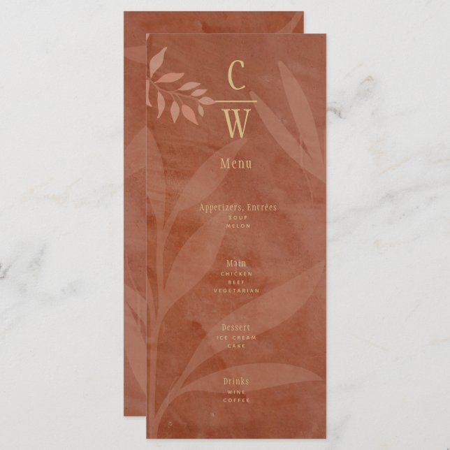 Menú Boda moderna de otoño Terracota Hojas doradas (Anverso / Reverso)