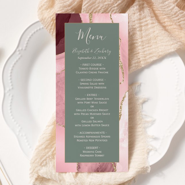 Menú Boda Moderna de Rosa Dorado Verde Sage Ágata (Subido por el creador)