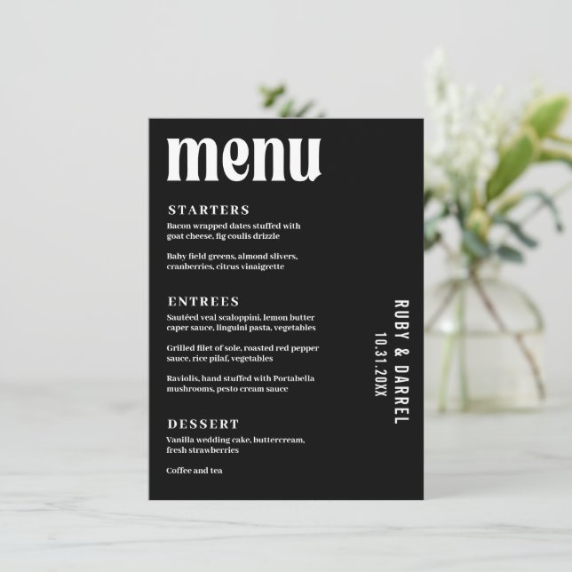 Menú Boda moderna de rubí negro (Anverso de pie)