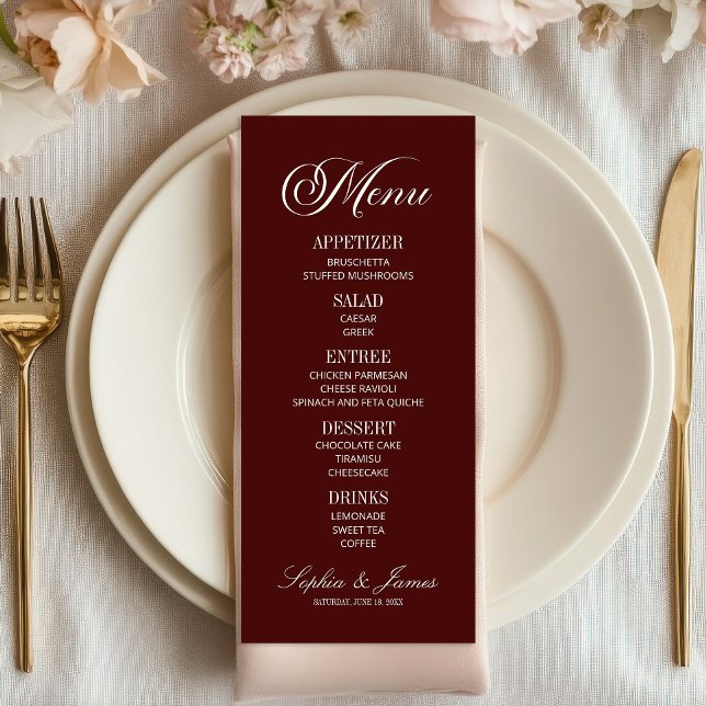 Menú Boda moderna elegante de burgundy oscuro (Subido por el creador)