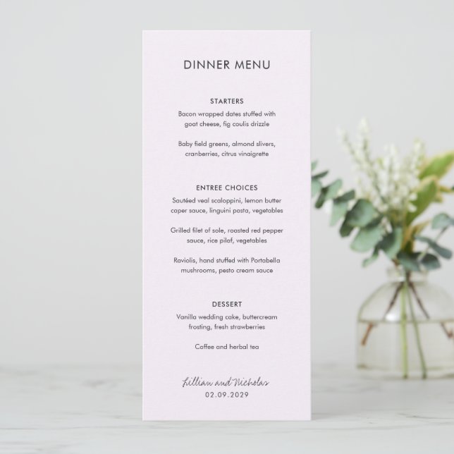Menú Boda moderna elegante de lila (Anverso de pie)