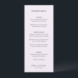 Menú Boda moderna elegante de lila<br><div class="desc">Menú de boda moderno con un diseño simple y minimalista con sus nombres en una fuente contemporánea manuscrita. La paleta de colores es lavanda / púrpura y se puede cambiar en la herramienta de edición de diseño. Este diseño contemporáneo funciona bien para cualquier estilo de boda.</div>
