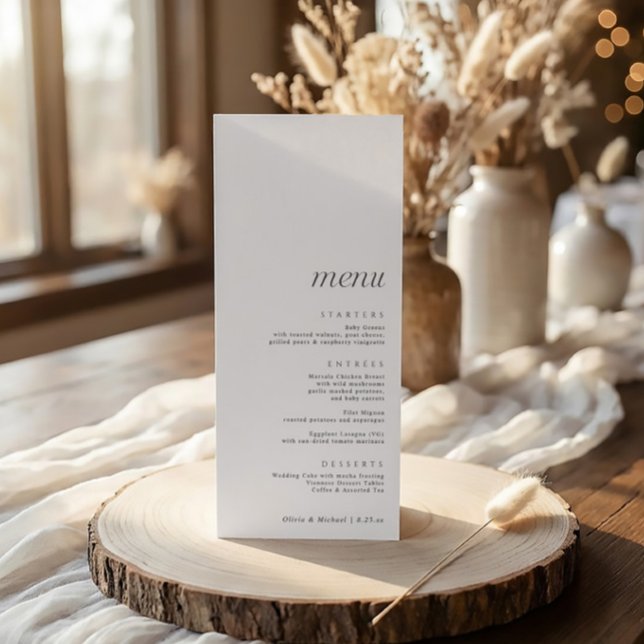Menú Boda moderna elegante simple con agradecimiento at (Modern minimalist wedding menu in black and white simple script)