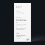 Menú Boda moderna en blanco y negro de Grace<br><div class="desc">Menú de boda moderno con un diseño geométrico simple y minimalista con una línea vertical a lo largo del lado izquierdo con su menú alineado a la izquierda. Los encabezados están en una escritura a mano para un toque elegante. En la esquina inferior derecha está el monograma de sus dos...</div>