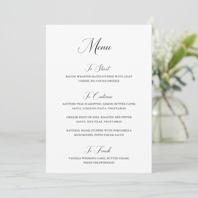 Menú Boda moderna en blanco y negro de Nancy (Anverso de pie)