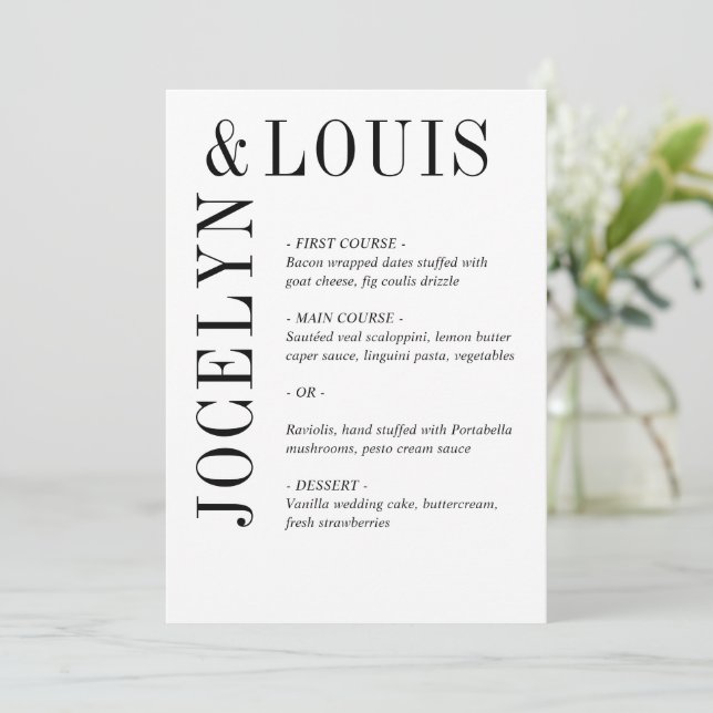 Menú Boda moderna en negro y blanco (Anverso de pie)