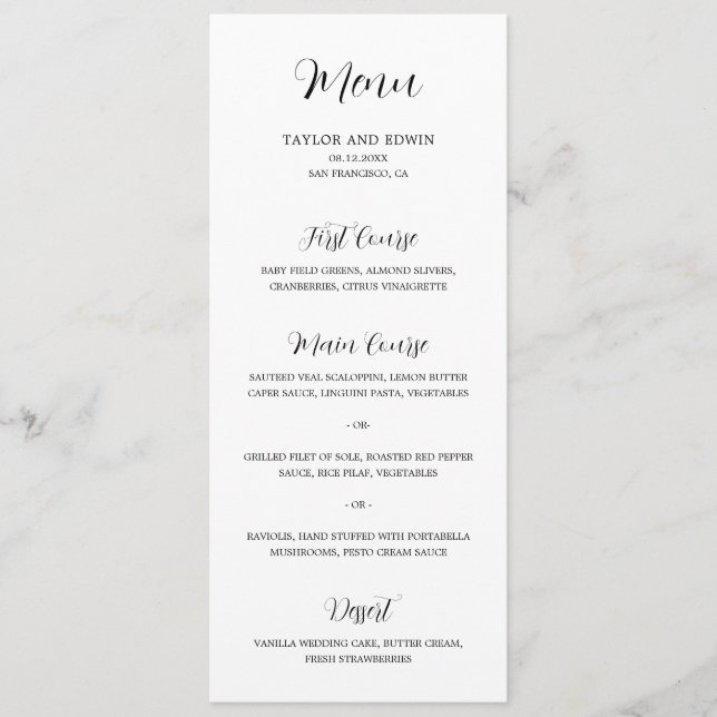 Menú Boda moderna minimalista en blanco y negro (Anverso)