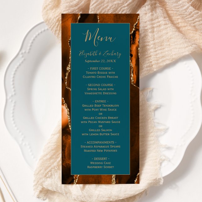 Menú Boda Moderna Naranja Quemada Ágata Verde Teal (Subido por el creador)