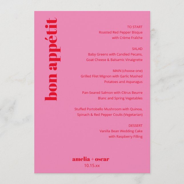 Menú Boda moderna personalizada con rosa y rojo intenso (Anverso)