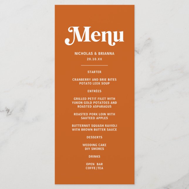 Menú Boda moderna retro boho en naranja quemado (Anverso)