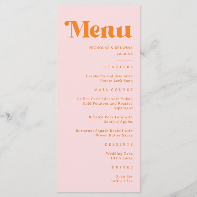 Menú Boda moderna retro rosa y naranja (Anverso)