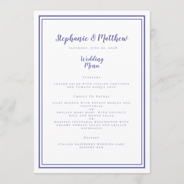 Menú Boda Moderna Simple Azul Periwinkle Enmarcado Chic (Anverso)