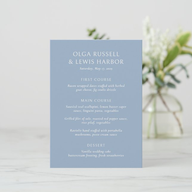 Menú Boda moderna simple de polvo azul (Anverso de pie)