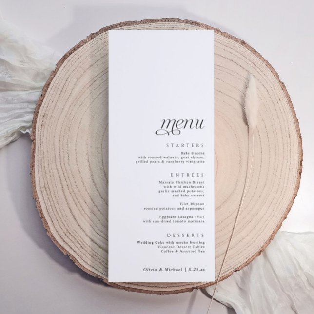 Menú Boda Moderna Simple y Elegante (Simple elegant wedding menu aligned at the bottom for name tags at the top.)