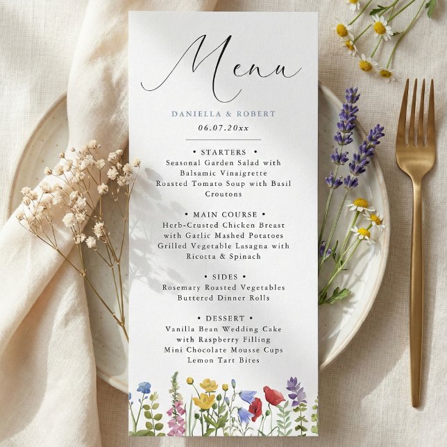 Menú Boda moderna y elegante de flores silvestres de pr (personalized modern minimalist elegant script calligraphy wildflower wedding menu card)