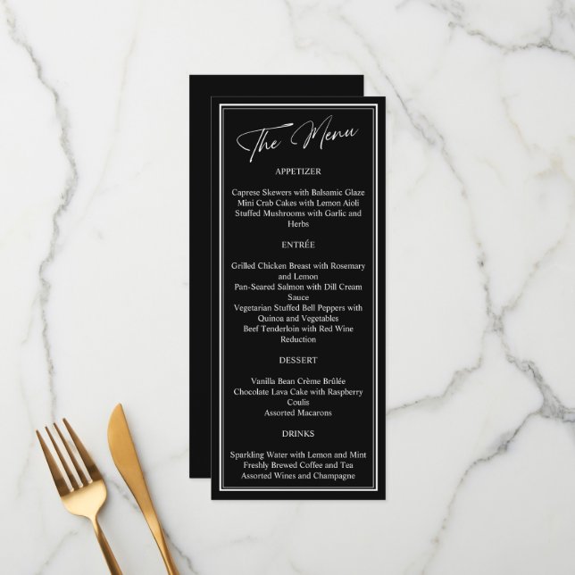 Menú Boda moderno clásico negro y blanco (Anverso/Reverso In Situ)