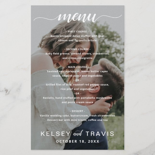 Menú Boda moderno con fotografía simple y elegante (Anverso)