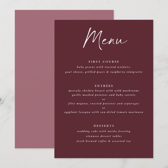 Menú Boda moderno de escritura a mano Merlot Burgundy (Anverso / Reverso)