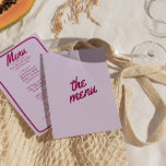 Menú Boda moderno de moda retro colorido y brillante<br><div class="desc">Un colorido menú retro funky moderno y luminoso para la cena boda. Que presenta el diseño de plantillas de moda de fondo de lavanda boho vintage y tipografía de borgoña y menús escritos a mano con marco dibujado a mano. Perfecto y a juego con la suite.</div>
