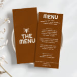 Menú Boda moderno del cráneo de toro Naranja quemado oc<br><div class="desc">Un naranja de occidente quemado atrevido menú de cena retro boda. Que presenta el diseño de plantillas de moda de fondo naranja de terracota boho vintage quemado y tipografía lechosa brillante y menú en negrita. Y cráneo de vaca toro trenzado a mano en la parte de atrás. Perfecto y a...</div>