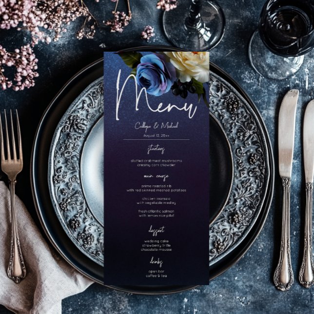 Menú Boda moderno floral de lavanda azul oscuro Moody (Dark Moody Blue Lavender Floral Modern Wedding Menu)