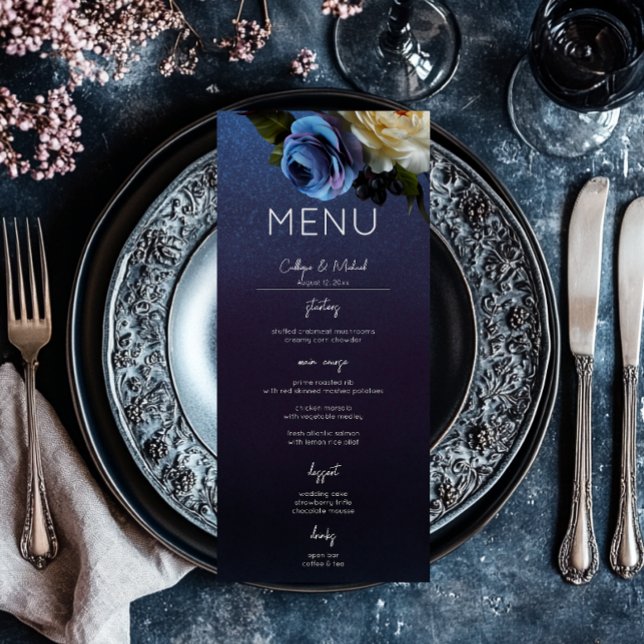 Menú Boda moderno floral de lavanda azul oscuro Moody (Dark Moody Blue Lavender Floral Modern Wedding Menu)