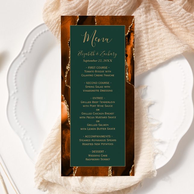 Menú Boda Moderno Naranja Quemado Ágata Verde Oscuro (Subido por el creador)