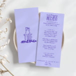 Menú Boda moderno retro negrita con escritura a mano di<br><div class="desc">Un colorido menú retro funky y moderno para la cena boda Periwinkle. Que presenta el diseño de plantilla de moda de fondo de perwinkle boho vintage y tipografía azul y menú escrito a mano en azul. Y fondo verde claro. Perfecto y a juego con la suite.</div>