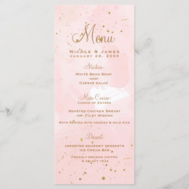 Menú Boda moderno Rubor Pink & Gold Splatter (Anverso)