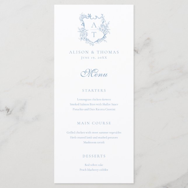 Menú Boda Monograma Azul Polvoriento Crest (Anverso)