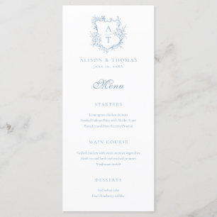 Menú Boda Monograma Azul Polvoriento Crest