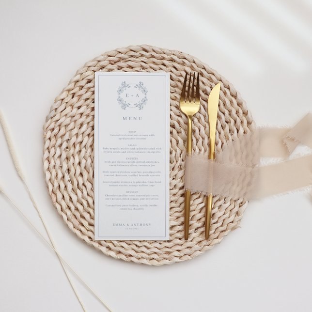 Menú Boda Monograma azul polvoriento formal (Subido por el creador)