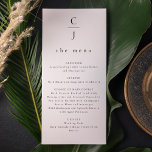 Menú Boda Monograma blanco negro mínimo moderno<br><div class="desc">Elevar su tablescape boda con nuestra tarjeta de menú Mínimo Mínimo Mínimo Boda Monograma y Blanco. Con un diseño elegante con un monograma personalizado, esta tarjeta combina elegancia atemporal con simplicidad contemporánea. La clásica paleta en blanco y negro se encarga de complementar cualquier tema boda, mientras que la minimalista disposición...</div>