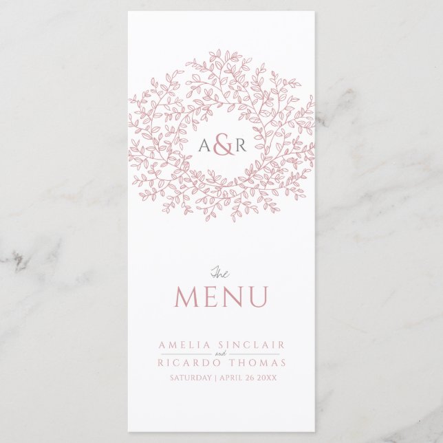 Menú boda monograma de dibujo de hoja rosa y blanca de  (Anverso)