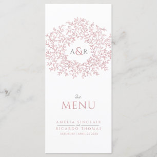 Menú boda monograma de dibujo de hoja rosa y blanca de 