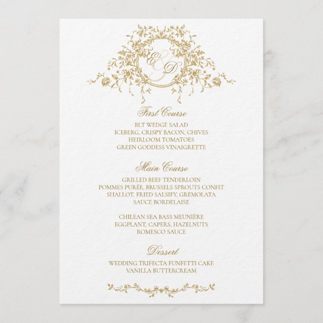 Menú Boda Monograma de Flora Dorada de estilo francés v (Anverso)