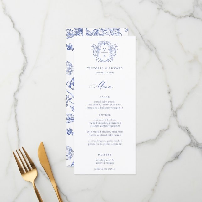 Menú Boda Monograma de Regency Blue Escudo (Anverso/Reverso In Situ)