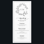 Menú Boda monograma del Escudo blanco negro de lea<br><div class="desc">¡Crea un ambiente de recepción perfecto! ¡Nos encanta este Boda Monograma de Escudo blanco negro de 4"x 9"! Sencillo, elegante y muy bonito, tiene una corona de hojas dibujadas a mano que rodea un moderno monograma boda. Está personalizado en una tipografía elegante, acentuado con caligrafía con letras a mano. Por...</div>