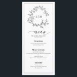 Menú Boda monograma del Escudo blanco negro de lea<br><div class="desc">¡Crea un ambiente de recepción perfecto! ¡Nos encanta este Boda Monograma de Escudo blanco negro de 4"x 9"! Sencillo, elegante y muy bonito, tiene una corona de hojas dibujadas a mano que rodea un moderno monograma boda. Está personalizado en una tipografía elegante, acentuado con caligrafía con letras a mano. Por...</div>