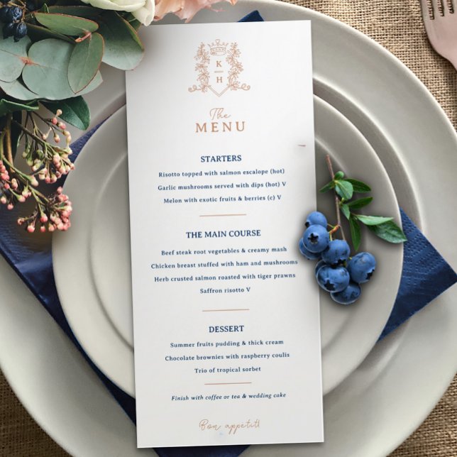 Menú Boda monograma del escudo de la corona azul rosa b (Subido por el creador)