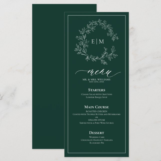Menú Boda Monograma del Escudo de Leafy Verde Esme (Anverso / Reverso)