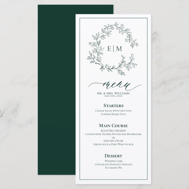 Menú Boda Monograma del Escudo de Leafy Verde Esme (Anverso / Reverso)