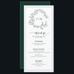 Menú Boda Monograma del Escudo de Leafy Verde Esme<br><div class="desc">¡Crea un ambiente de recepción perfecto! ¡Nos encanta este moderno y moderno menú boda de color verde esmeralda 4" x 9"! Sencillo, elegante y muy bonito, tiene una corona de hojas dibujadas a mano que rodea un moderno monograma boda. Está personalizado en una tipografía elegante, acentuado con caligrafía con letras...</div>
