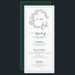 Menú Boda Monograma del Escudo de Leafy Verde Esme<br><div class="desc">¡Crea un ambiente de recepción perfecto! ¡Nos encanta este moderno y moderno menú boda de color verde esmeralda 4" x 9"! Sencillo, elegante y muy bonito, tiene una corona de hojas dibujadas a mano que rodea un moderno monograma boda. Está personalizado en una tipografía elegante, acentuado con caligrafía con letras...</div>