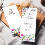 Menú Boda Monograma Floral Colorida del Jardín de Flore<br><div class="desc">Menú boda de flores silvestres con borde floral acuarela, monograma de parejas y tipografía elegante. Decoración floral acuática con flores silvestres y vegetación en tonos de lavanda perwinkle azul rosa verde y magenta. Moderno, vibrante y colorido, este diseño botánico de jardín floral tiene el encanto y el romance de un...</div>