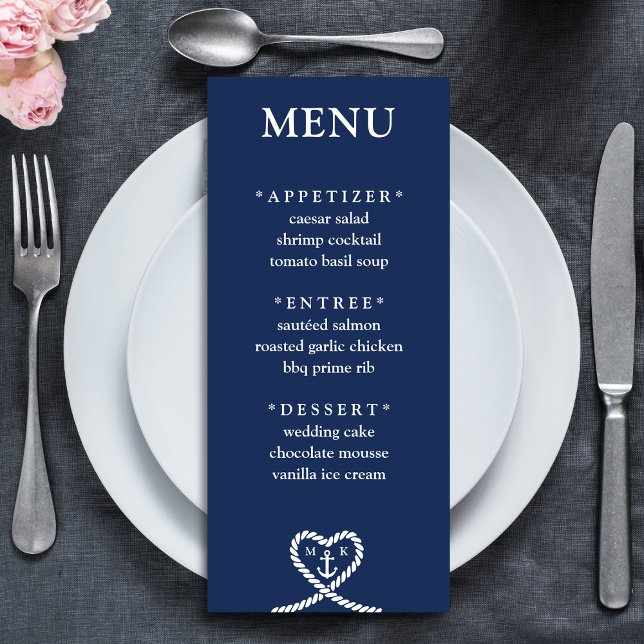 Menú Boda Monograma Nautical Blue Heart (Nautical Blue Heart Rope Monogram Wedding Menu)