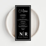 Menú Boda Monograma Recepción O Cena De Participación<br><div class="desc">Presentamos nuestros Menús de Recepción o Cena de Monograma de Boda Blanco y Negro, el epítome de la elegancia atemporal y la sofisticación personalizada para su celebración especial. Elaborados con meticulosa atención a los detalles, estos menús elevan la recepción o la cena con un diseño en blanco y negro depurado,...</div>